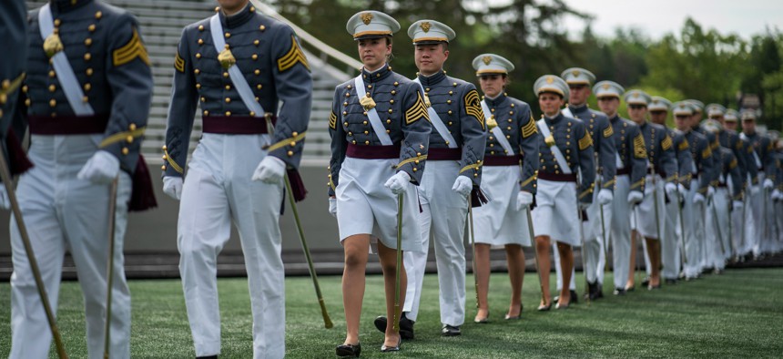 United States Military Academy cadets marched to their graduation in 2021. Women officers had been expected to pay thousands more in uniform costs over the course of their career. 