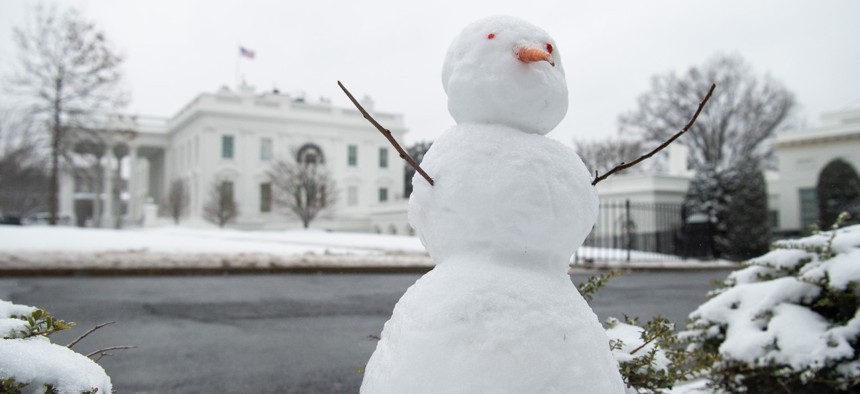 A snowman is seen on the North Lawn of the White House on Feb. 1, 2021. 