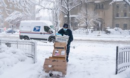 A postal worker pushes packages through the snow on January 3 in Washington, D.C. 