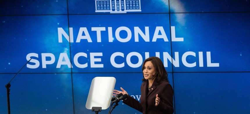  Vice President Kamala Harris delivers remarks at the administrations' first meeting of the National Space Council at the US Institute of Space in Washington, DC, on December 1, 2021