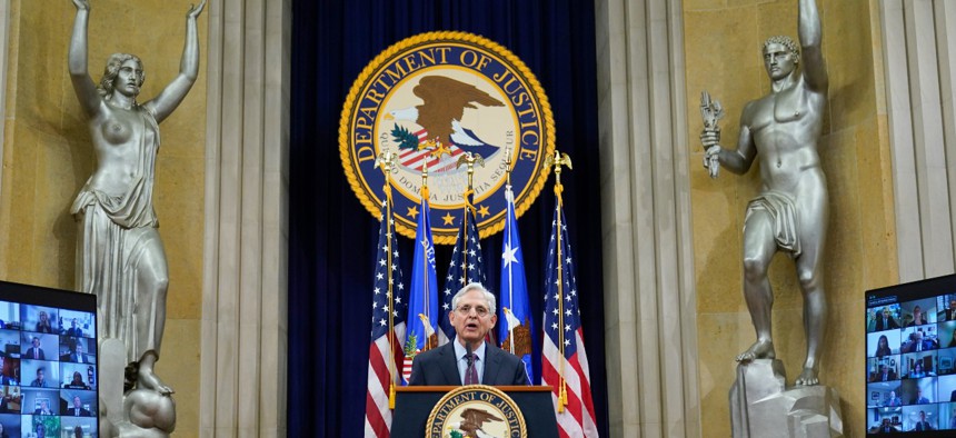 Attorney General Merrick Garland speaks at the Justice Department on January 5, 2022 to address the Jan. 6, 2021 attack on the U.S. Capitol. 