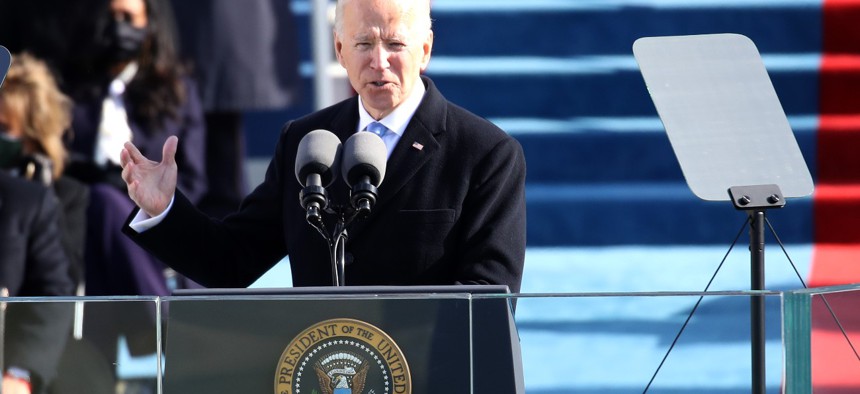 Biden delivers his inaugural address on the West Front of the U.S. Capitol on January 20, 2021.