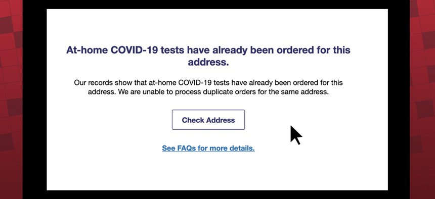 USPS’s website displayed an error message after a KHN reporter attempted to order tests for an apartment in a multi-family home on Jan. 20