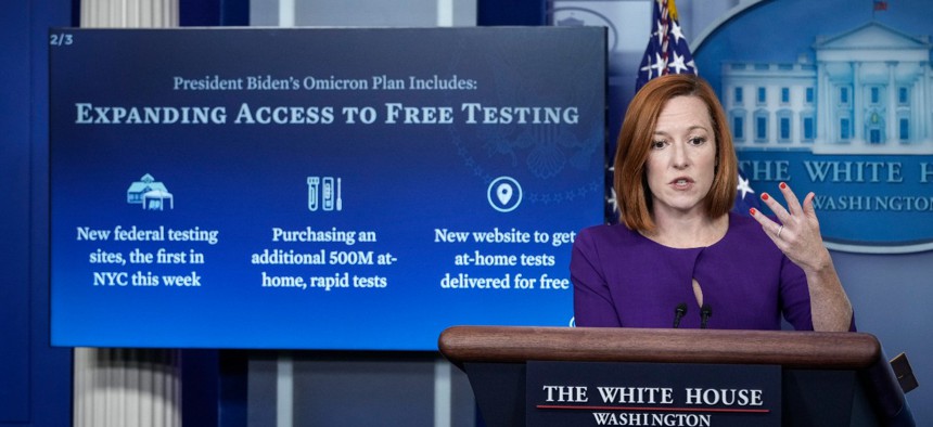 White House Press Secretary Jen Psaki speaks during the daily press briefing on Dec. 21, 2021 about expanding access to free COVID-19 testing nationwide. 