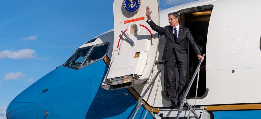 Secretary of State Antony Blinken departs Munich, Germany, on February 19. Blinken said embassy staff are relocating out of Ukraine to Poland for security reasons. 