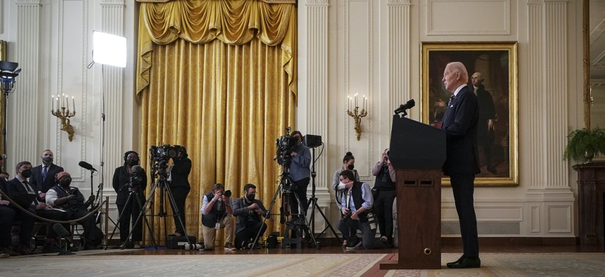 U.S. President Joe Biden delivers remarks on developments in Ukraine and Russia, and announces sanctions against Russia, from the East Room of the White House February 22, 2022 in Washington, DC.