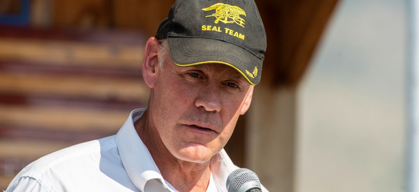 Former Interior Secretary Ryan Zinke speaks at the ceremony to honor the four airman killed in a 1962 B-47 crash at 8,500 feet on Emigrant Peak on July 24, 2021 in Emigrant, Montana. 