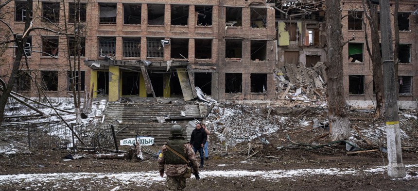 A high school building is seen damaged after Monday's Russian missile attacks in Vasylkiv, Kyiv Oblast, Ukraine.