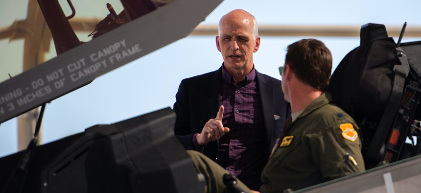 U.S. Rep. Adam Smith, Chairman of the House Armed Service Committee, asks a question about the F-35A Lightning II during a visit at Luke Air Force Base, Ariz., Oct. 10, 2019.