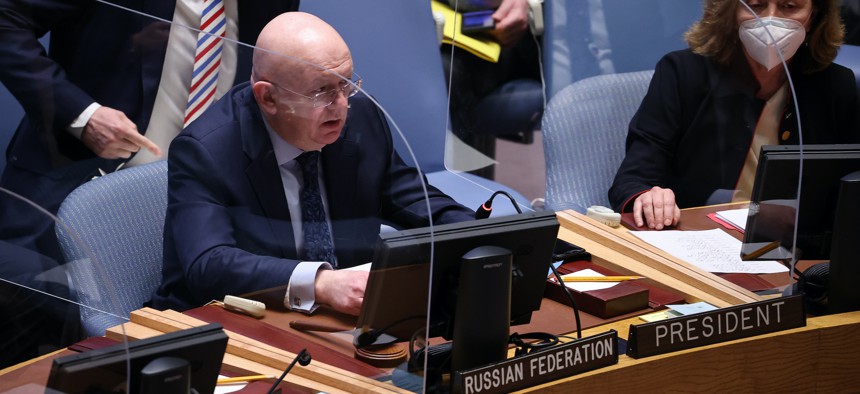 Permanent Representative of Russian Federation to the United Nations (UN) Vassily Nebenzia speaks during the Security Council meeting at United Nations Headquarters in New York City, United States on February 28, 2022. 
