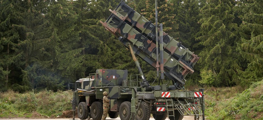 A Patriot air defense system launcher is set up during exercise Resilient Guard 2020, Oct. 14, 2020, in Germany. 