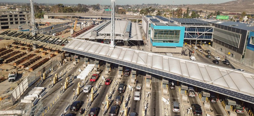 U.S. Customs and Border Protection personnel along with DoD personnel secure the San Ysidro Port of Entry against attempts to illegally enter the United States from Mexico.