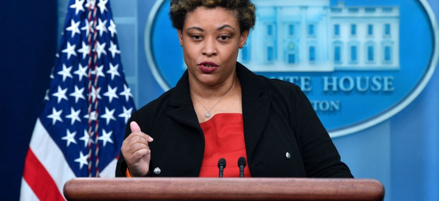 Director of the Office of Management and Budget Shalanda Young speaks during a press briefing Monday.