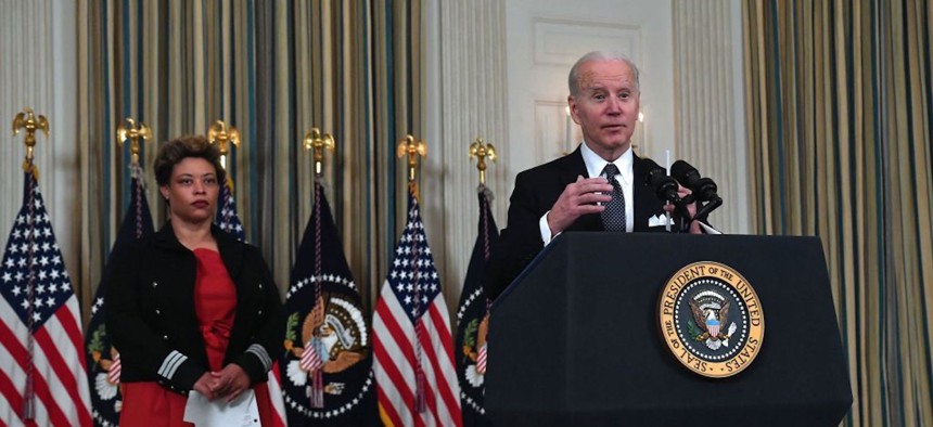 President Joe Biden announces his Budget for Fiscal Year 2023 as OMB chief Shalanda Young listens on Monday.