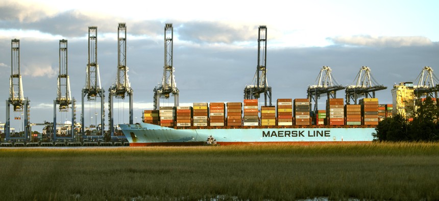  A container ship docks at the Wando Welch Terminal in Mount Pleasant, South Carolina, on November 19, 2020.