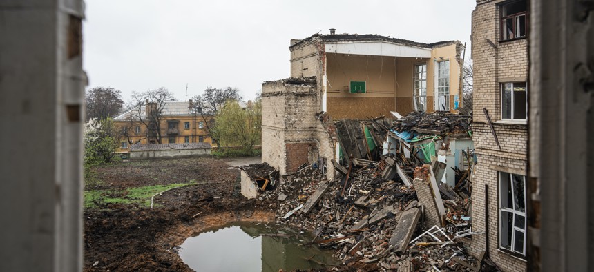 A school house is seen destroyed after a Russian missile strike in Kramatorsk, Ukraine on April 13, 2022.