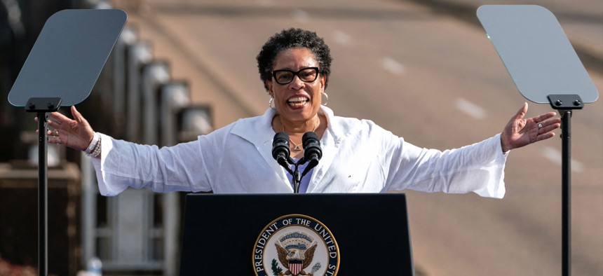Secretary of Housing and Urban Development Marcia Fudge speaks at the 57th anniversary of 'Bloody Sunday' in Selma, Alabama on March 6, 2022.