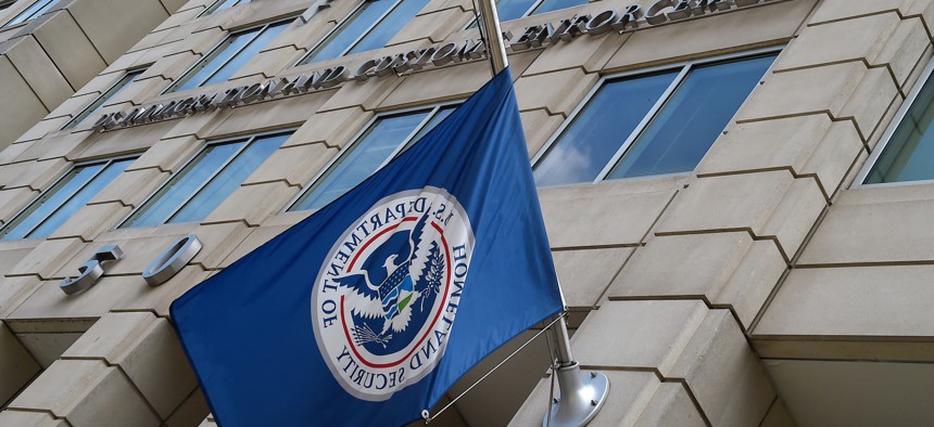 he Department of Homeland Security flag flies outside the Immigration and Customs Enforcement headquarters in 2020.