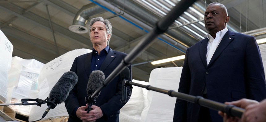 Secretary of Defense Lloyd Austin, right, and Secretary of State Antony Blinken speak with reporters in Poland on April 25 after returning from their trip to Kyiv, Ukraine.