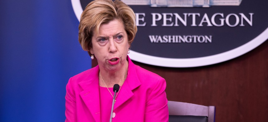 Ellen Lord, formerly undersecretary of defense for acquisition and sustainment, briefs reporters, August 20, 2020.