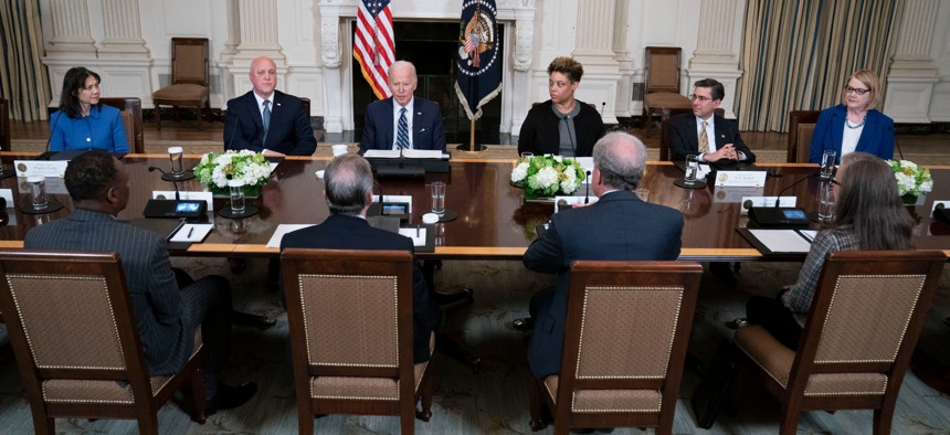 President Joe Biden speaks during a meeting with IGs on Friday.