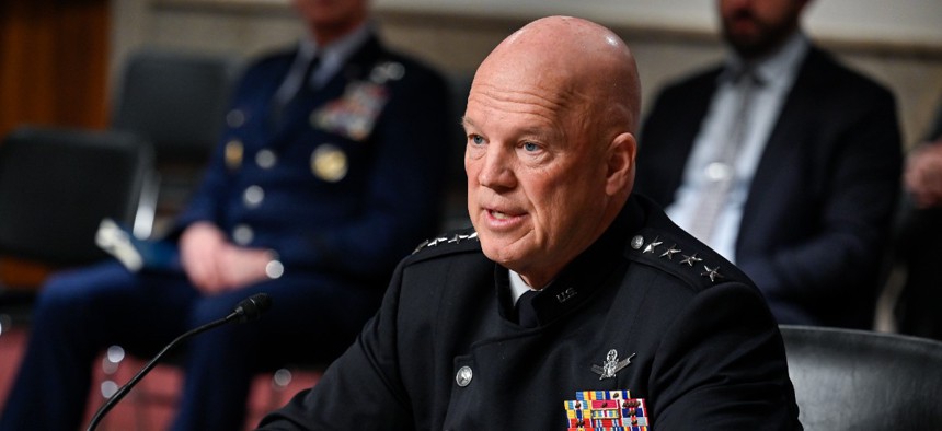 Chief of Space Operations Gen. John Raymond testifies before the Senate Armed Services Committee on the Department of the Air Force’s fiscal year 2023 budget request May 3.