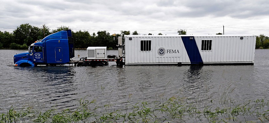 A flooded FEMA truck in Houston in the aftermath of Hurricane Harvey, Aug. 30, 2017