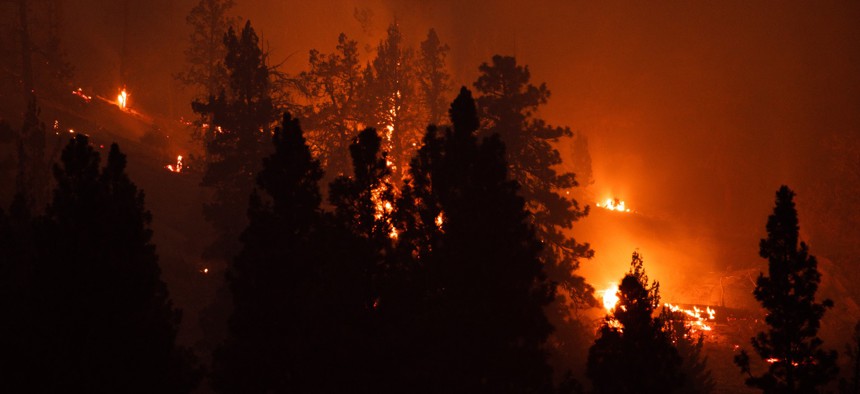 The Patton Meadow Fire burns in the foothills of the Fremont National Forest in 2021 in Oregon.