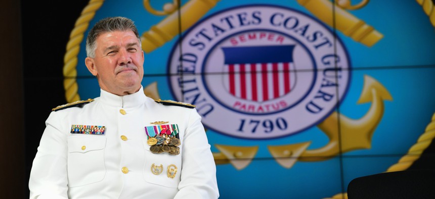 Coast Guard Commandant Adm. Karl L. Schultz hosts the 16th Gold Ancient Mariner change of watch at Coast Guard Headquarters in Washington, D.C., on July 17, 2020.
