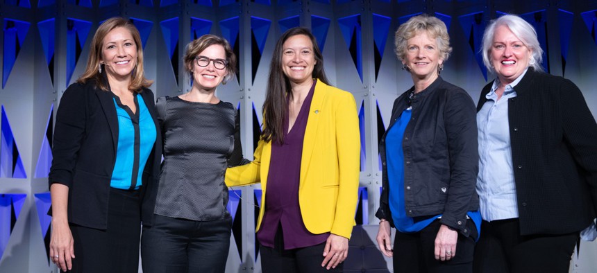 From left to right: Code for America CEO Amanda Renteria, CfA founder and former Deputy Federal CTO Jen Pahlka, U.S. Digital Service Administrator Mina Hsiang, General Services Administration head Robin Carnahan and Federal CIO Clare Martorana.