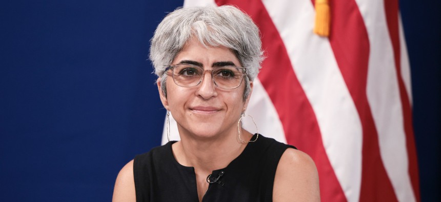 OPM Director Kiran Ahuja, shown here at a White House event held last October, just announced plans to implement hiring policy set down in a 2020 executive order.