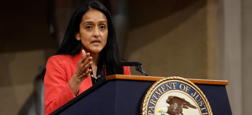 Associate Attorney General Vanita Gupta delivers remarks during an event to mark the first anniversary of the COVID-19 Hate Crimes Act at the Justice Department on May 20.