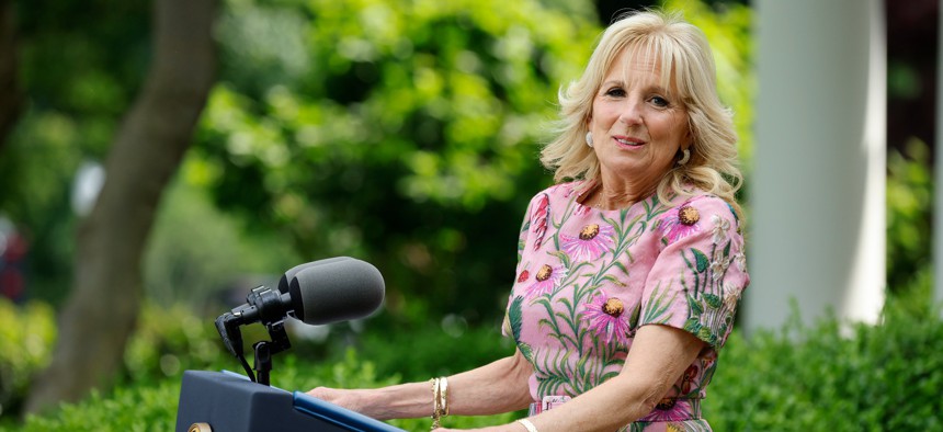  U.S. first lady Jill Biden delivers remarks during a reception to celebrate Asian American, Native Hawaiian and Pacific Islander Heritage Month in the Rose Garden of the White House on May 17.