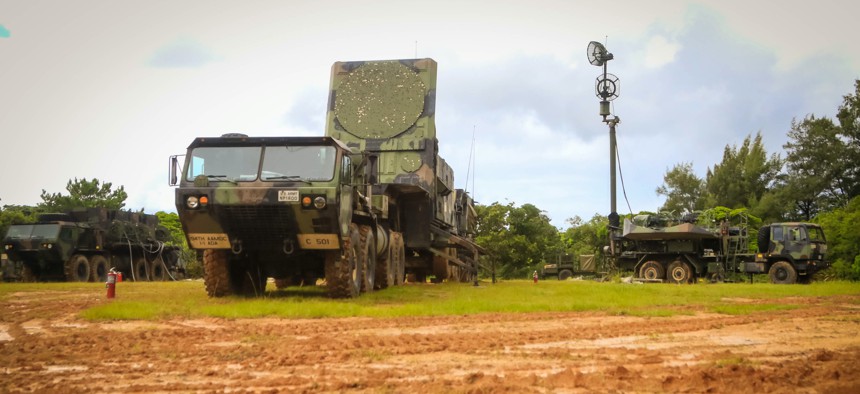 A battery assigned to 1st Battalion, 1st Air Defense Artillery Regiment, display their patriot radar and antenna mast group during table gunnery training exercise on Kadena Air Base in Japan, Oct. 19, 2017.
