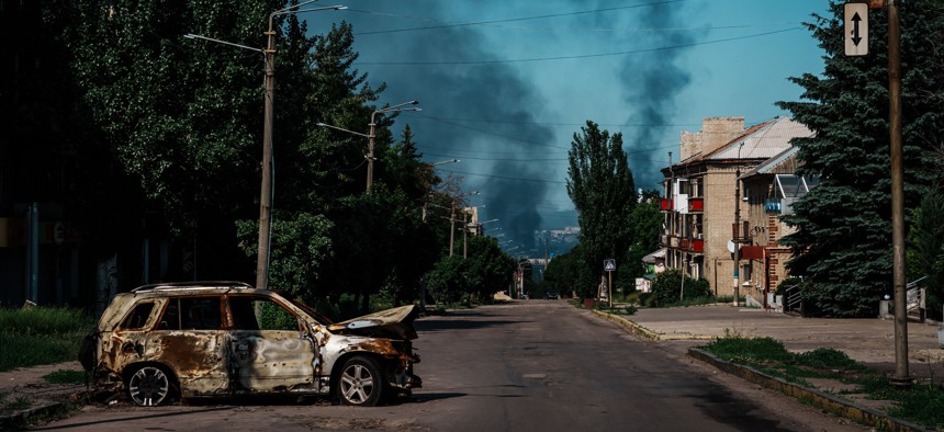  A view of smoke columns rising from Severodonetsk as seen from Lysychansk, Ukraine, on June 10, 2022. 