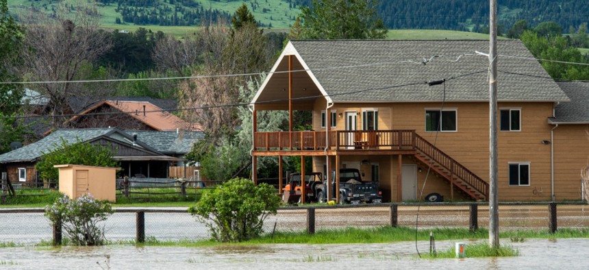 Flooding is seen on June 14 in Livingston, Mont. The Yellowstone River had hit a historic high flow from rain and snow melt from the mountains in and around Yellowstone National Park. 