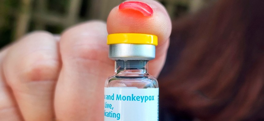A vial of the Monkeypox vaccine is displayed by a medical professional at vaccination site at the Northwell Health offices at Cherry Grove on Fire Island, New York on July 13, 2022. 