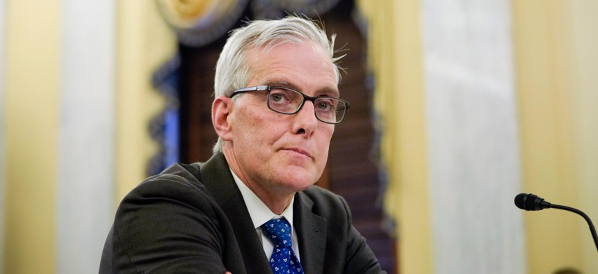 VA Secretary Denis McDonough testifies during a Senate Veterans' Affairs Committee hearing on Capitol Hill on Dec. 1, 2021. McDonough has maintained that current statute does not prohibit VA from providing abortions, despite his acknowledgment that it has not done so since at least 1989 and lawmakers disputing the claim. 