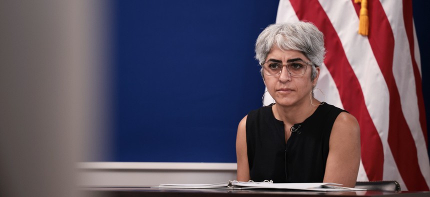 OPM Director Kiran Ahuja, shown here at a White House event in October 2021, wants to extend special DHS and DOD cyber hiring authorities to all agencies.