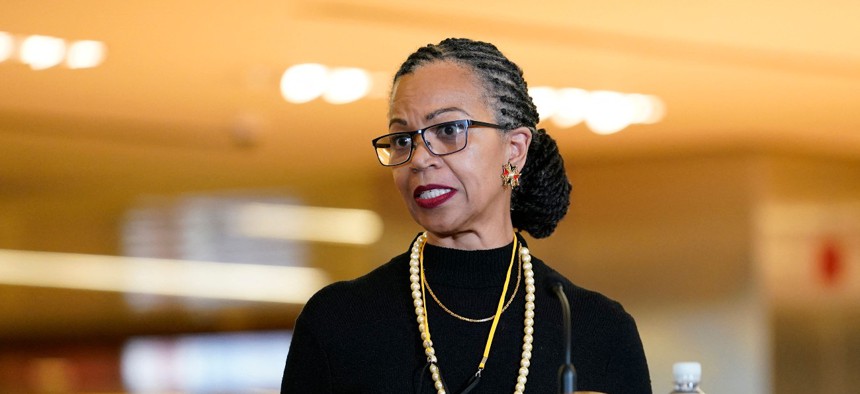 Amb. Gina Abercrombie-Winstanley, a 30-year diplomat and the chief diversity and inclusion officer at the State Department, speaks during a ceremony in February. The ambassador testified at a Senate hearing on Tuesday about the department’s DEIA efforts.