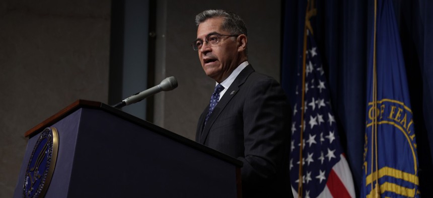 HHS Secretary Xavier Becerra speaks during a news conference on June 28. Becerra said HHS is continuing to monitor the response to monkeypox across the country. 