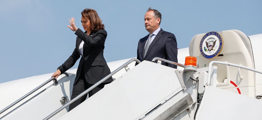 Vice President Kamala Harris and Second Gentleman Douglas Emhoff step off Air Force Two after arriving at O'Hare International Airport in Chicago, on July 5.