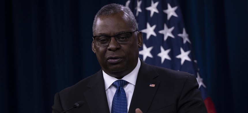 Secretary of Defense Lloyd Austin speaks at a news briefing at the Pentagon on July 20.