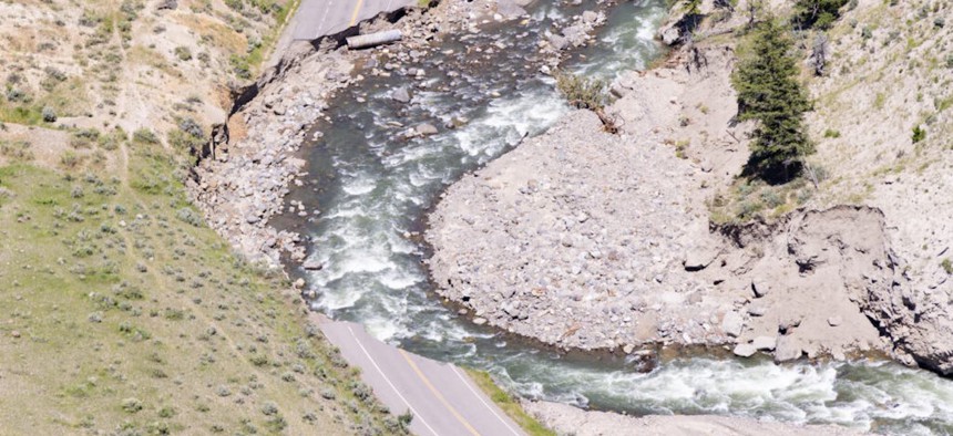 Yellowstone National Park’s North Entrance Road was damaged by flooding in June 2022. As of Aug. 10, the road remains closed to vehicles.