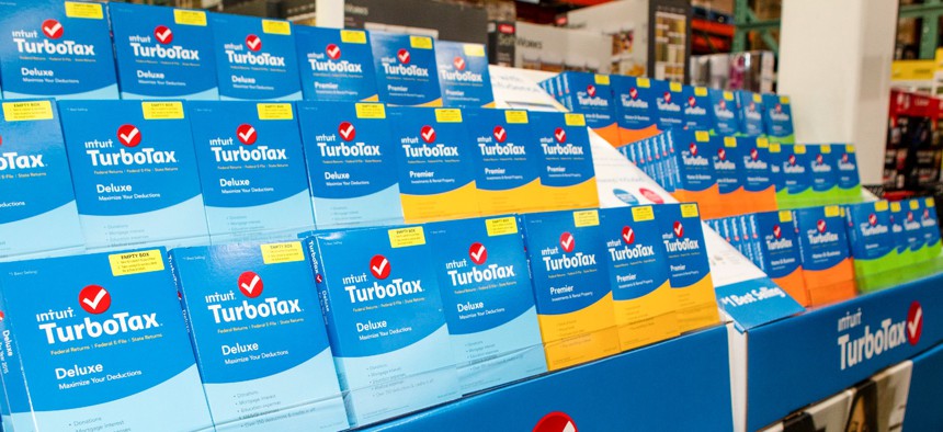 TurboTax products sit on display at Costco on Jan. 28, 2016 in Foster City, California.