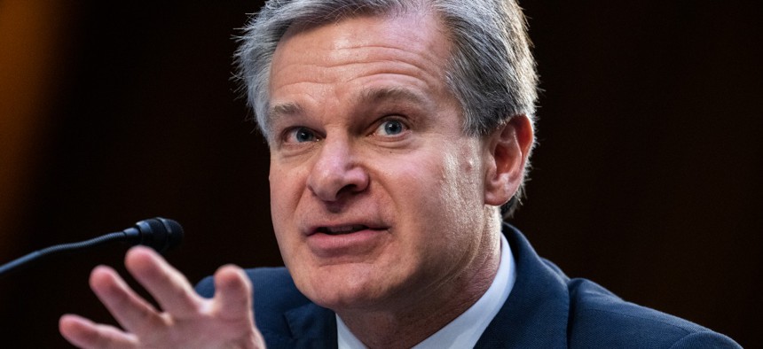 FBI Director Christopher Wray testifies during a Senate Judiciary Committee hearing on Aug. 4. 