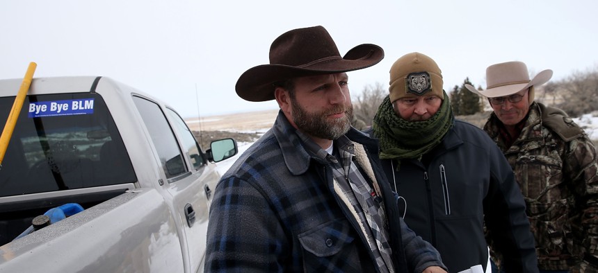 Ammon Bundy prepares to speak to reporters in front of the Malheur National Wildlife Refuge Headquarters on January 5, 2016.