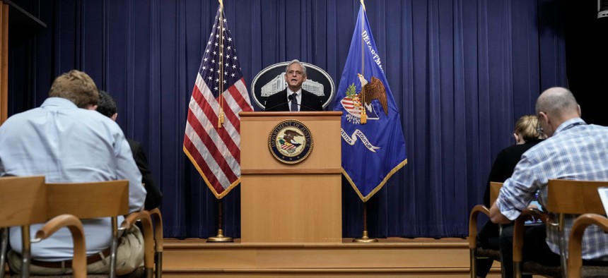 Attorney General Merrick Garland delivers a statement at the U.S. Department of Justice on August 11.