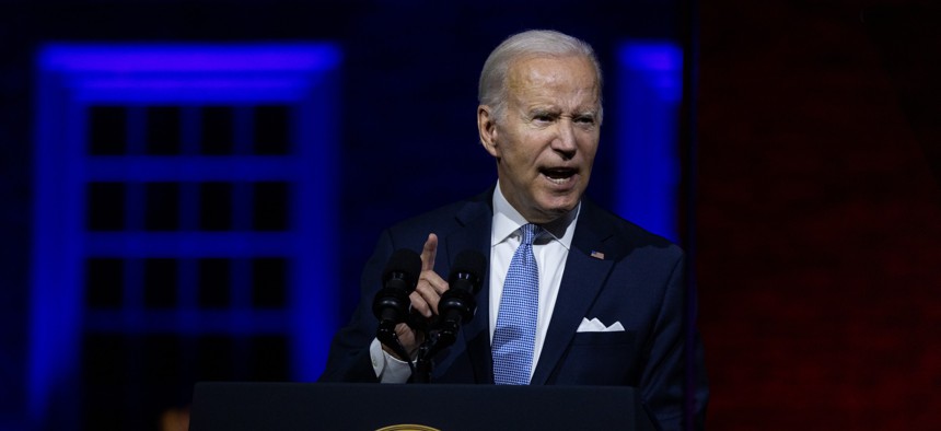 President Joe Biden delivers a primetime speech at Independence National Historical Park on Sept. 1, 2022, in Philadelphia, Pennsylvania