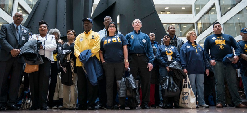Members and supporters of the American Federation of Government Employees at the Hart Senate Office Building Atrium as part of the 2020 Legislative and Grassroots Mobilization Conference. The Preventing a Patronage System Act has the support of dozens of good government organizations and federal employee groups, including AFGE.